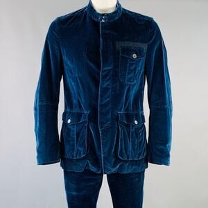 DRIES VAN NOTEN Size 42 Navy Black Velvet Cotton Nehru Collar Suit